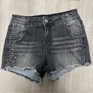 Vocal Black Denim Frayed Shorts with Rhinestone Detail S